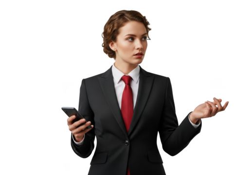 Confused businesswoman in suit holding smartphone with questioning gesture stock photo png image, professional female with phone isolated on transparent background