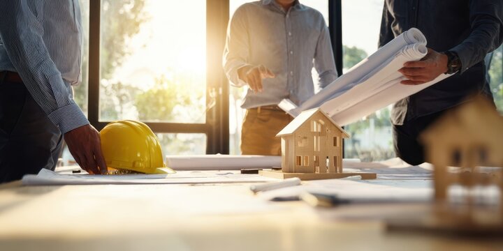 The House Model and Blueprints on Architects' Planning Table with Team Collaboration