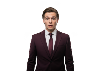 Surprised businessman in suit with shocked expression portrait png image for design projects and mockups isolated on transparent background