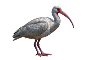 Detailed illustration of a white ibis, showcasing intricate feather detail and a striking profile view against a pure black backdrop.
