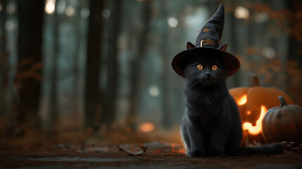 Mystical Halloween Cat: A black cat with luminous golden eyes, adorned in a witch's hat, sits serenely amidst a forest setting with glowing jack-o'-lanterns adding an eerie charm.