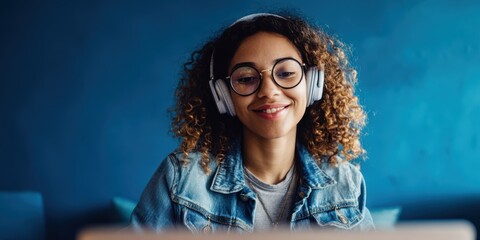 The young woman wearing headphones and glasses smiles against a vibrant blue background