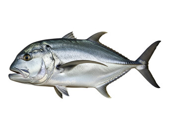 Fototapeta premium Close-up profile view of a silvery grey fish, showcasing detailed scales and fins against a stark black background.