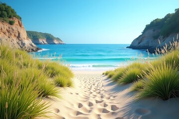 Obraz premium Explore secluded beach paradise: turquoise water, white sand, coastal cliffs, summer vacation destination