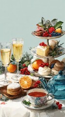 Elegant afternoon tea display with pastries, fruits, and champagne in a cozy setting