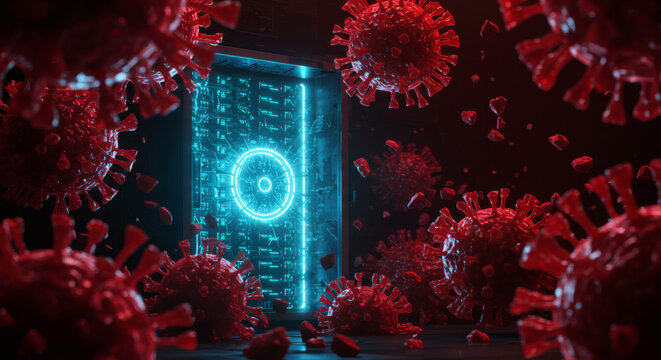Conceptual 3D rendering of a viral pandemic, showing red virus particles and a futuristic blue neon gateway representing technology and science