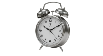Classic Alarm Clock: A timeless silver alarm clock, its round face displaying the time, a symbol of punctuality, deadlines, and the passage of moments. A still-life of function and design.