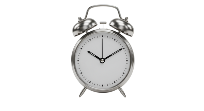 Precise Moment: A classic, metallic alarm clock, its face displaying the meticulous passage of time. Its elegant design evokes a sense of punctuality and readiness.