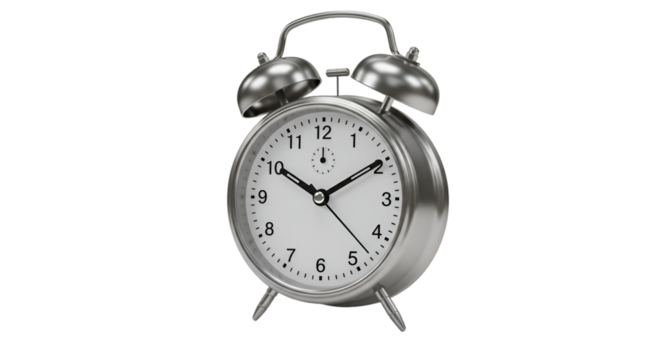 Classic Alarm Clock: A timeless silver alarm clock, its round face displaying the time, a symbol of punctuality, deadlines, and the passage of moments. A still-life of function and design.