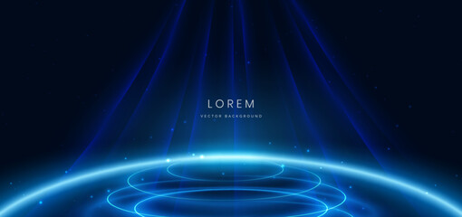 Scene glownig blue light circle glowing with lighting effect and sparkle on dark blue background. © Pramote