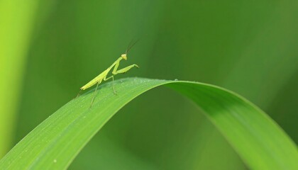 A vibrant green mantis rests gracefully on a curved leaf, showcasing the natural beauty of the outdoors.