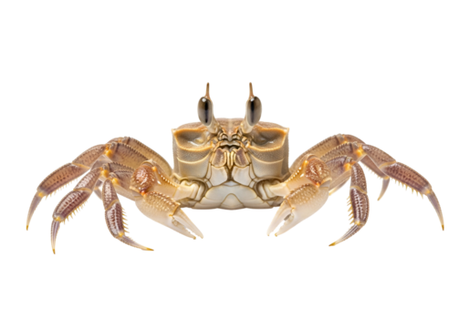Detailed close-up of a crab, showcasing its intricate shell patterns and detailed appendages against a pure black backdrop.