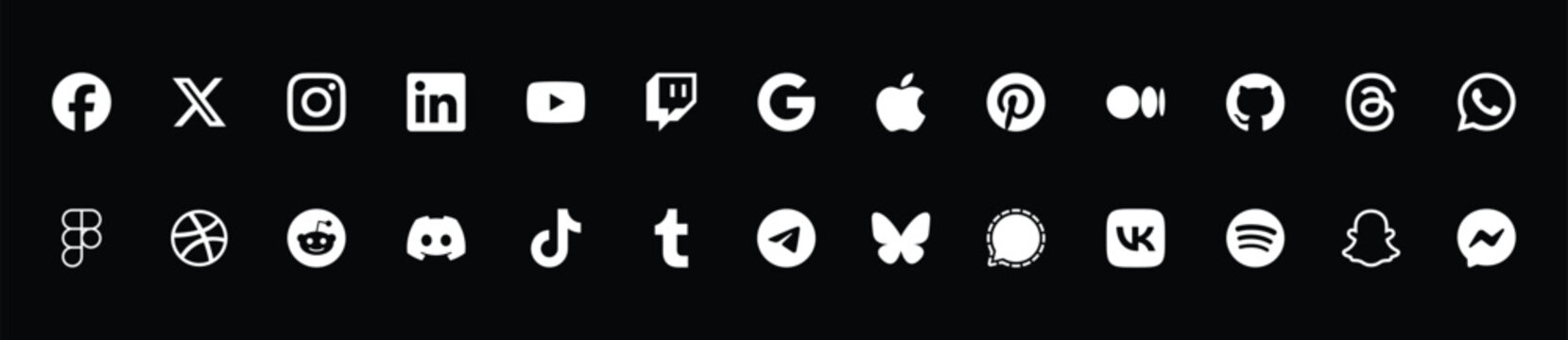 Collection of black and white social media logos in vector format