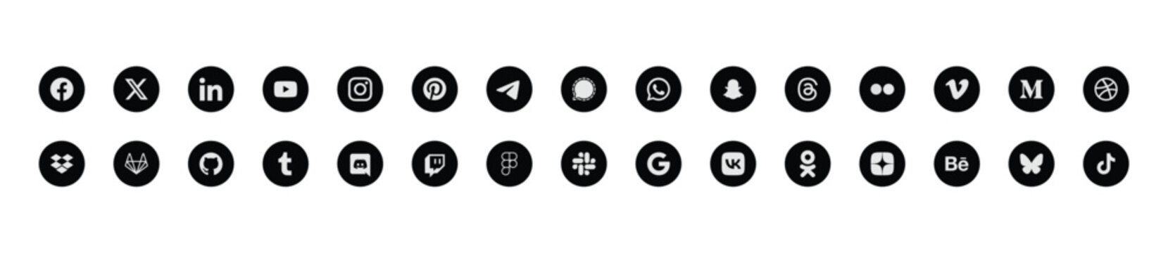 Social media logos in black circle shapes