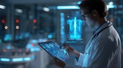 Doctor using tablet with holographic images of spine and brain scans in futuristic laboratory setting