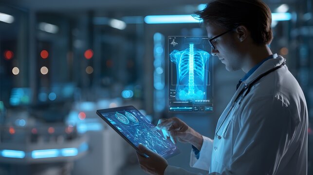 Doctor using tablet with holographic images of spine and brain scans in futuristic laboratory setting