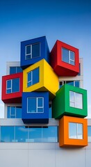 Fototapeta premium Colorful stacked boxes building against a clear blue sky