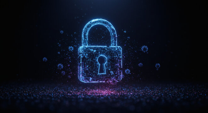 Abstract glowing digital padlock icon representing cybersecurity, data protection, and secure online access in a modern technology context, with sparkling particles - Powered by Adobe