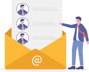 Flat illustration of businessman managing email campaign with laptop,
