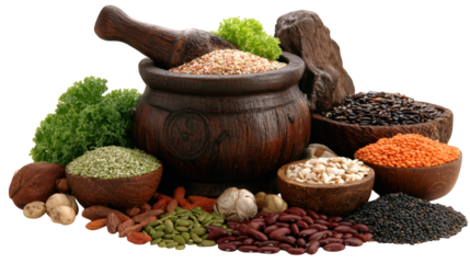 Assorted grains, seeds, and legumes with green leafy vegetables arranged around rustic wooden mortar and pestle, showcasing healthy plant based ingredients