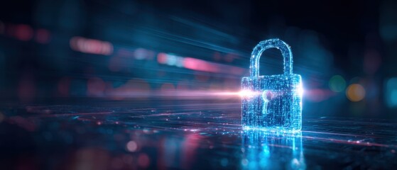 The Digital Padlock Securing Futuristic Data Networks and Cybersecurity Visualization in Blue