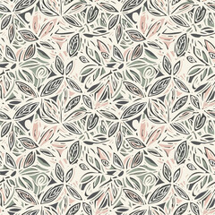 Seamless Pattern, Stylized floral pattern with leaves in pastel colors and linocut style design Stock royalty free image.