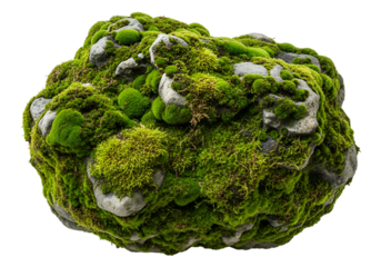 Lush green moss clinging to a rocky sphere against a black backdrop, showcasing a natural scene.