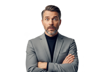 Surprised businessman with arms crossed in gray suit, shocked expression, portrait, png image, cutout, isolated on transparent background