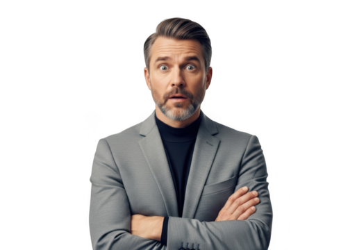 Surprised businessman with arms crossed in gray suit, shocked expression, portrait, png image, cutout, isolated on transparent background