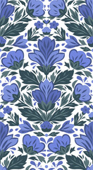 Vector seamless pattern with decorative blue flowers in folk art style. Elegant floral ornament