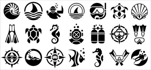 Fototapeta premium Collection of black and white diving icons showing scuba tanks, masks, and marine animals like sea turtles or seahorses for underwater exploration themes.