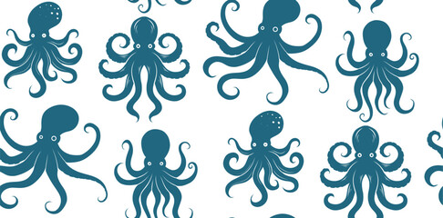 Vector seamless pattern of blue octopus silhouettes on a white background. Monochrome texture with repeating marine creatures. © veleri_kz