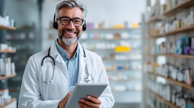 Smiling doctor with stethoscope and tablet in pharmacy wearing headset looking at the camera happily