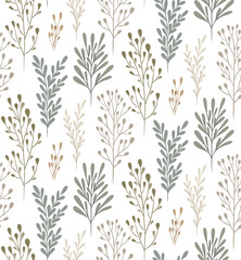 Vector seamless scandinavian pattern with twigs on white background. Nature texture with stems with leaves in pastel soft colors