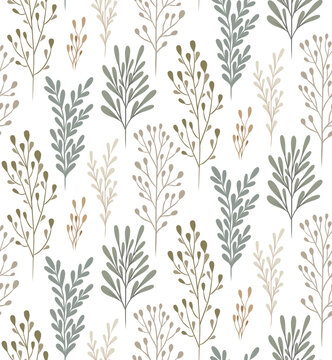 Fototapeta Vector seamless scandinavian pattern with twigs on white background. Nature texture with stems with leaves in pastel soft colors