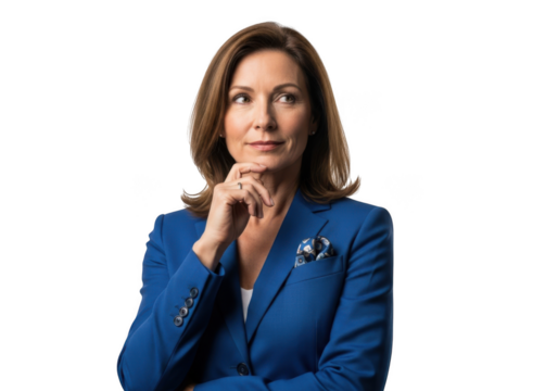 Professional businesswoman thinking portrait png, executive female leader in blue suit, isolated image for design and marketing, transparent background isolated on transparent background