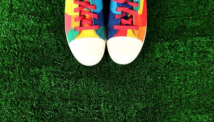 Colorful Shoes on Green Grass, Overhead View