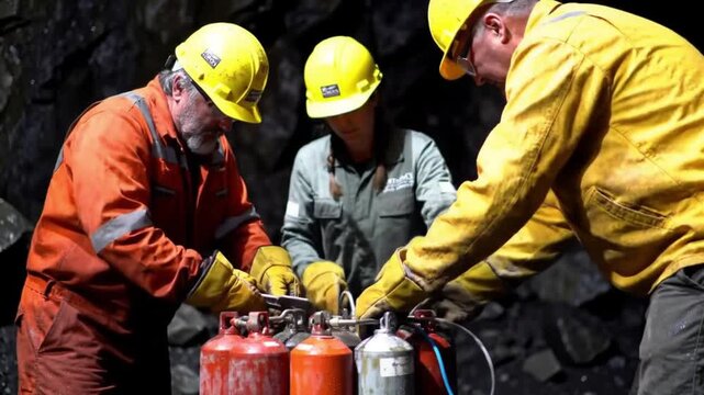 Create a photorealistic, 4K video of a team of miners setting up an explosive charge in a mine shaft. The video should have a full HD resolution, capturing the precision and teamwork. Details to inclu