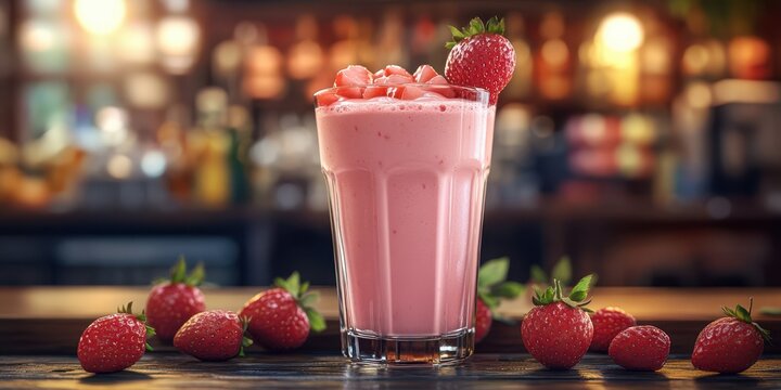 Refreshing strawberry smoothie served in a clear glass with fresh strawberries and a cozy bar atmosphere