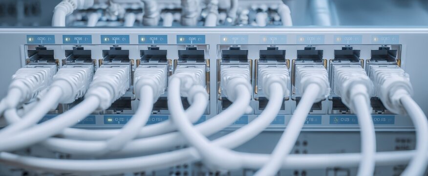 The Ethernet cables plugged into a network switch in a data center rack