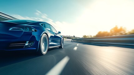Fototapeta premium Electric car on highway, sunlit