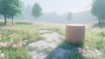 Wooden Barrel in a Flower Field