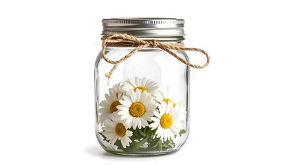 A clear glass jar filled with white daisies.  A light-gray metal lid and a light-brown twine tied in a bow adorn the jar.  Isolated on white