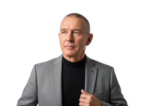 Mature businessman in gray suit and black turtleneck portrait, professional headshot, isolated on transparent background