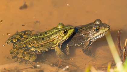 Fototapeta premium Two frogs rest in shallow water, their vibrant patterns and colors contrasting with the earthy tones of the pond.