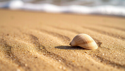 Seashell Close Up on Golden Sand Beach Shoreline Detail Nature