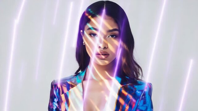Artistic Portrait of Woman with Long Dark Hair and Colorful Light Streaks &ndash; Creative Fashion and Beauty Concept