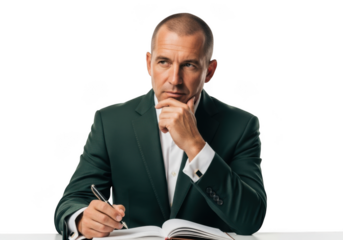 Contemplative businessman writing in notebook, thinking deeply, wearing green suit, isolated on transparent background