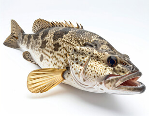 Naklejka premium Freshly caught grouper, detailed close-up showing unique mottled skin and bright orange fins on a clean white background, suitable for culinary use