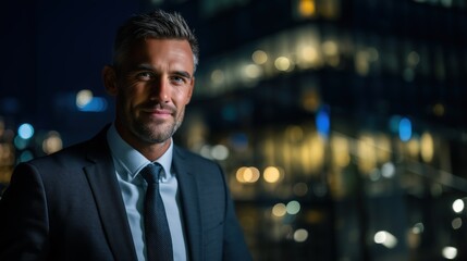 Fototapeta premium A confident professional man in a suit stands in a cityscape with twinkling lights, embodying success in the corporate world.
